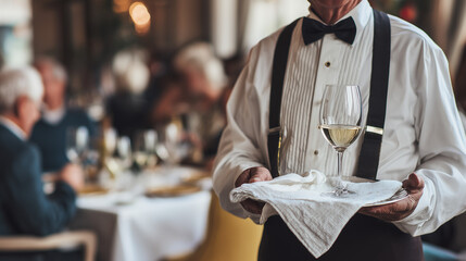 Elegant waiter serving white wine in upscale restaurant with blurred guests dining in background