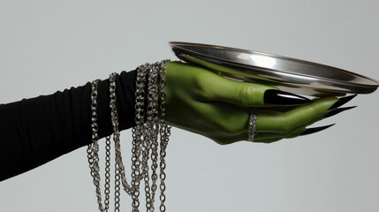 Witch's green hand on solid white background, green skin, long black pointy nails and black dress sleeve showing. Palm should be facing up and open as if holding a platter, halloween banner background