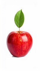 Single red apple with a green leaf atop, isolated on white
