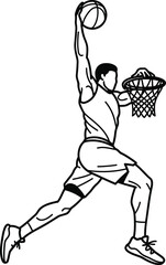 Vector line art of a basketball player performing a slam dunk, black and white, minimalist silhouette, dynamic action pose, clean and simple design