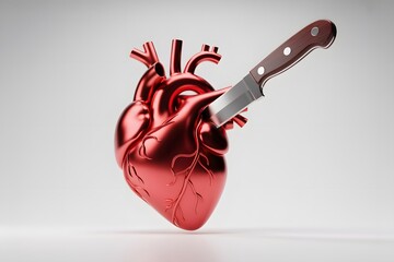 3D Render of a Realistic Metallic Human Heart Pierced by a Kitchen Knife, Symbolizing Intense Emotional Pain, Betrayal, or Mortality on a Soft Grey Background