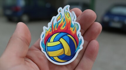 Colorful Volleyball Sticker With Vibrant Flames Held in Hand Against a Blurred Background