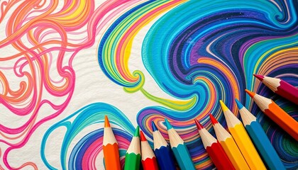 Obraz premium Intricate swirls of vibrant colored pencils on a textured paper background, design, colorful