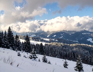 Snowy mountain range with evergreen trees under a partly cloudy sky