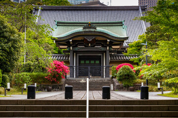 traditional japanese entrance of a temple decorated with plants and flowers