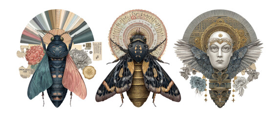 Vibrant Insect Illustrations with Geometric Shapes and Artistic Elements