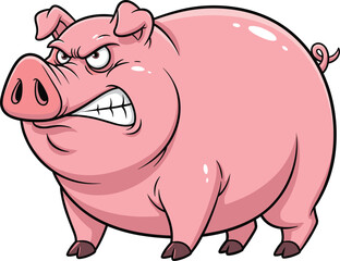 Angry, pig, cartoon, pink, animal, expression, aggressive, funny, vector, illustration, face, emotion, curly, tail, ears, teeth, snout, character, mood, farm