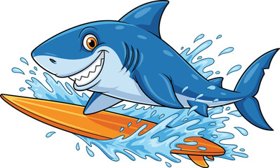 Cartoon blue shark, surfing leap, orange surfboard, ocean splash, fun animal, children’s vector, summer theme, energetic pose, stock mascot design
