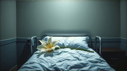 Fading lily on rumpled hospital bed, symbolic illustration of Greek myth "Orpheus and Eurydice"