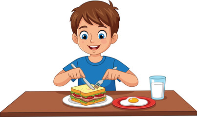 Cartoon child eating, sandwich and egg, breakfast scene, healthy meal, cheerful boy, food illustration, vector art, stock design, nutrition concept