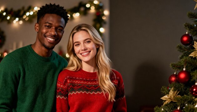  Interracial couple Christmas portrait festive sweaters holiday celebration cozy home copy space warm lights christmas tree red green seasonal clothing diversity