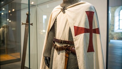 Close Up of Crusader Templar War Costume Displayed in Glass Case for Museum Exhibition