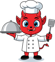 Cartoon devil chef, red character, cooking tray, spatula pose, kitchen outfit, humorous design, vector art, culinary mascot, stock illustration