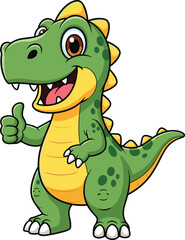 Cartoon dinosaur character, green friendly dino, thumbs up pose, kids illustration, vector animal, smiling reptile, isolated white background, fun design