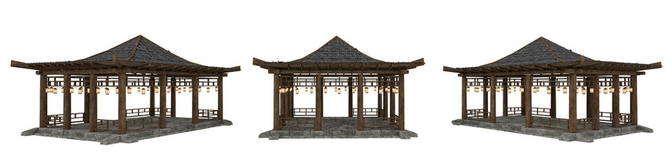 Isolated 3D illustration of an Asian pavilion or pagoda architectural structure.