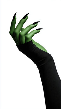Witch's green hand on solid white background, green skin, long black pointy nails and black dress sleeve showing. Palm should be facing up and open as if holding a platter, halloween banner background