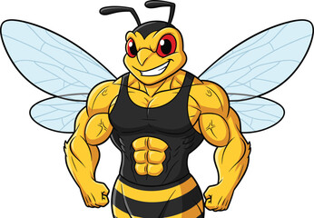 Cartoon muscular bee in tank top with clenched fists, strong insect character illustration for kids, fitness, humor, gym, vector design