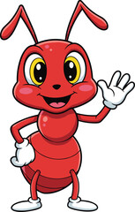 Cartoon red ant character waving hand, cheerful insect mascot with gloves and shoes, smiling bug illustration, white background, vector clipart