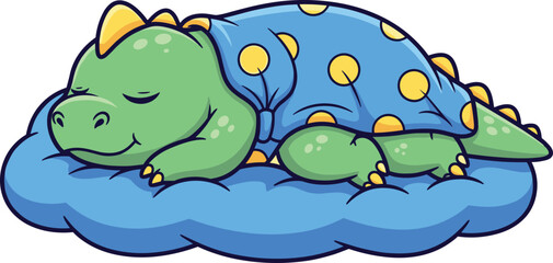 Cartoon sleeping dinosaur on cushion with blanket, cute animal illustration for kids, bedtime, prehistoric, nap, comfort, dream, rest design