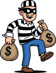 Cartoon thief character holding money bags, wearing striped outfit and mask, humorous burglar illustration for crime, robbery, finance, security themes