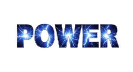 Dynamic word POWER with electrifying energy and lightning effects and a transparent background