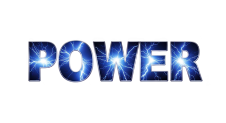 Dynamic word POWER with electrifying energy and lightning effects and a transparent background
