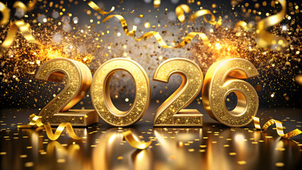 golden 2026 with glittering confetti and ribbon