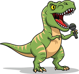 Naklejka premium Cartoon T-Rex holding microphone and singing with open mouth, funny dinosaur character illustration for kids, music, roar, entertainment, vector design