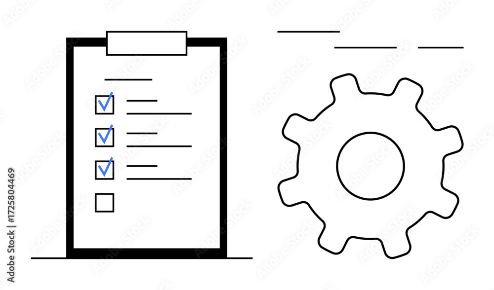 Poster task checklist with checkmarks on a clipboard next to a gear. ideal for concepts including organizat