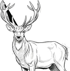 Deer, stag, cartoon, black, white, sketch, antlers, wildlife, animal, nature, vector, illustration, standing, fur, forest, majestic, drawing, profile, realistic, anatomy, art