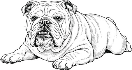 Detailed black and white illustration of English Bulldog lying down, realistic dog breed drawing for pet, animal, ink, vintage design