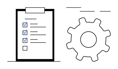 Task checklist with checkmarks on a clipboard next to a gear. Ideal for concepts including organization, planning, project management, productivity, workflow, efficiency, and task prioritization