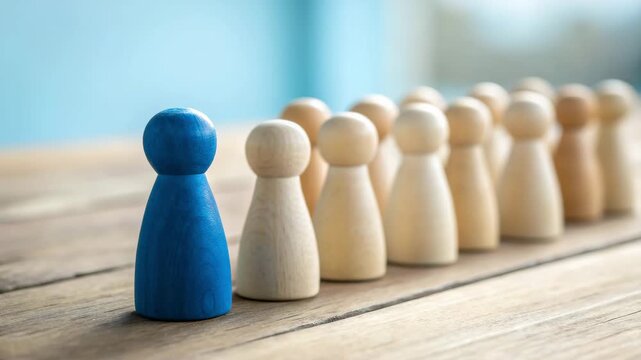 Blue wooden pawn standing out in front of a row of wooden pawns on a wood surface background