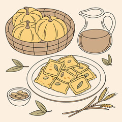 Pumpkin Ravioli Vector: Elegant Italian Pasta Illustration with Sage & Pine Nuts