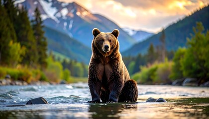 Grizzly bear by a mountain river at sunset