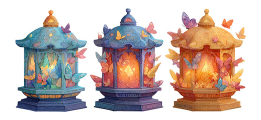 Colorful butterfly lanterns with intricate designs on a transparent background