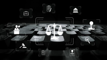 Legal compliance and governance concept showing justice scale, courthouse, contract, policy,...