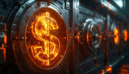 Fiery dollar sign in metal vault