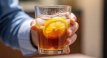 Hand holding a glass of iced tea with lemon and ice