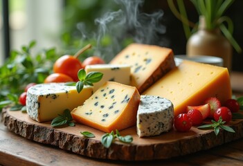 Artful Display of Artisan Cheeses Surrounded by Greenery and Textured Wood Elements