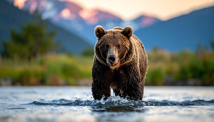 Grizzly bear in river at sunrise