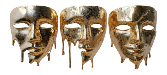 Artistic Metallic Masks with Dripping Gold Finish on a Transparent Background