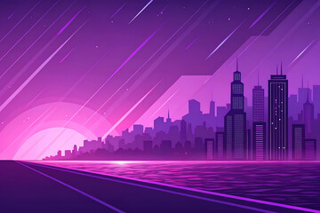 Vector illustration of a night city skyline featuring urban skyscrapers and a downtown architecture silhouette with glowing lights and street roads in a modern landscape design