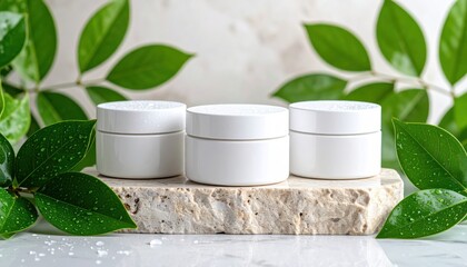 Cosmetic cream jars with skincare products, and green leaves background.