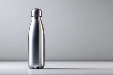Blank Stainless Steel Water Bottle Mockup on White Background with Soft Studio Lighting, Ultra-Realistic Metallic Texture and Clear Label Space for Branding