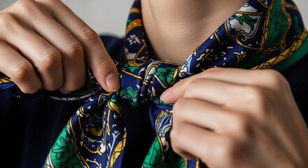 Hands tying a patterned silk scarf around a neck