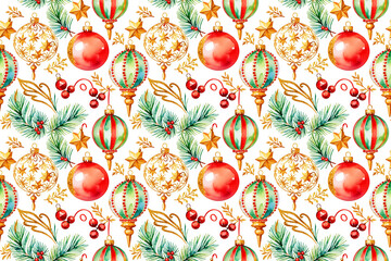 Watercolor seamless Christmas pattern, baubles, stars, fir branches, festive decoration, winter background.