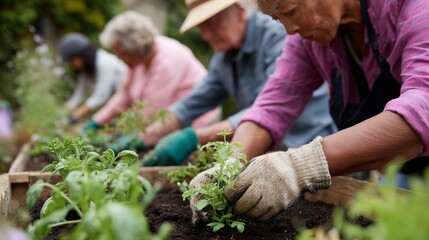 Community members work together to plant vegetables in community garden during sunny afternoon