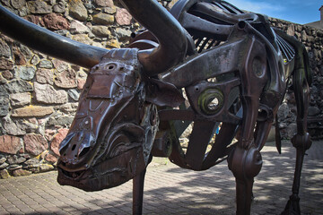 A skeletonized bull with a metal horn on its head