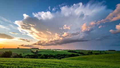 Dramatic sunset over rolling hills